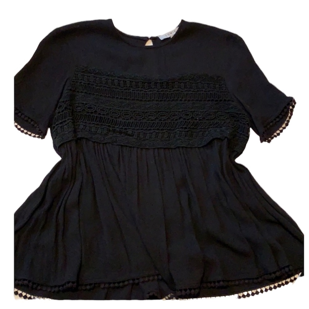 LUMIE Boho Babydoll Embroidered Black Swing Pom Top